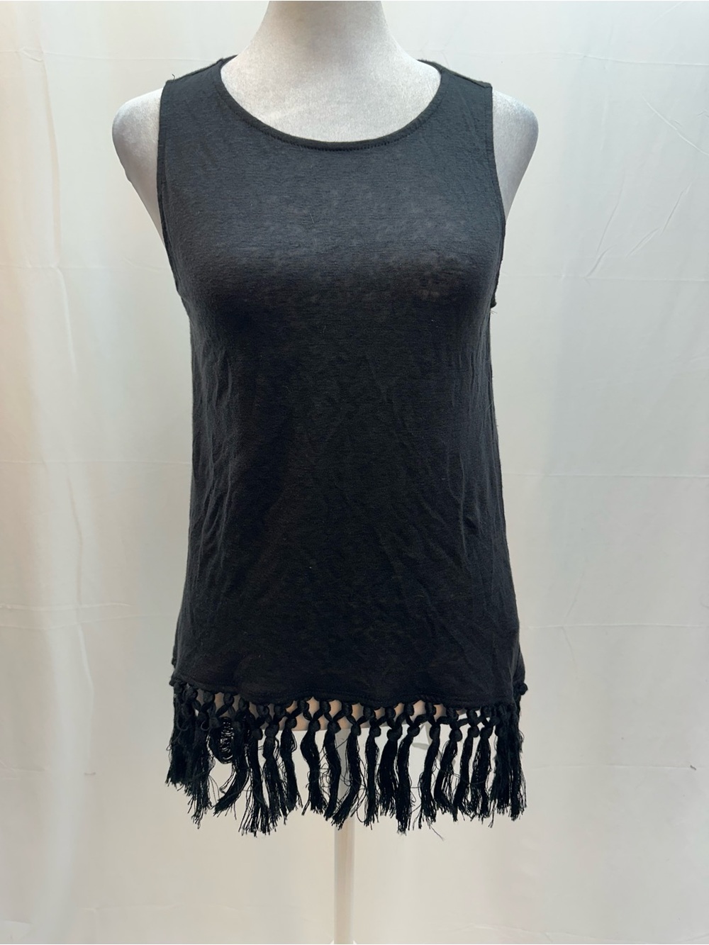 Red Haute Black Linen Tank Top with Knotted Fringe Hem XS NWTS
